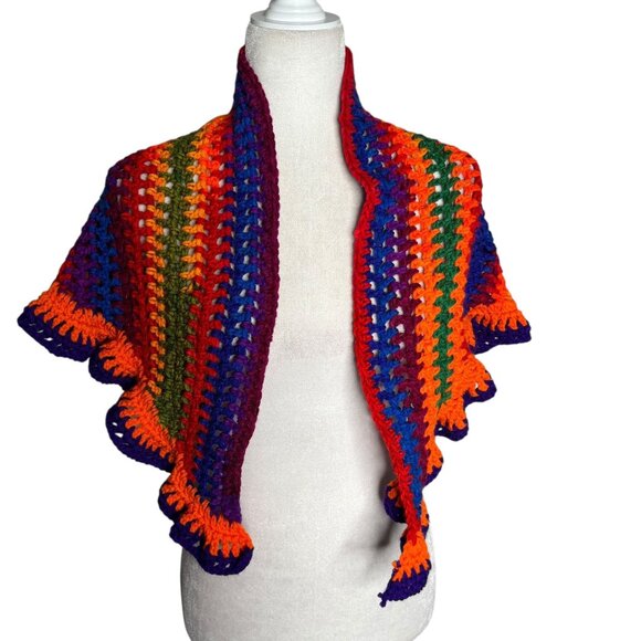 Handmade Rainbow Multi Color Crochet Knit Shawl Wrap With Ruffled Edges Soft NEW - Picture 2 of 4
